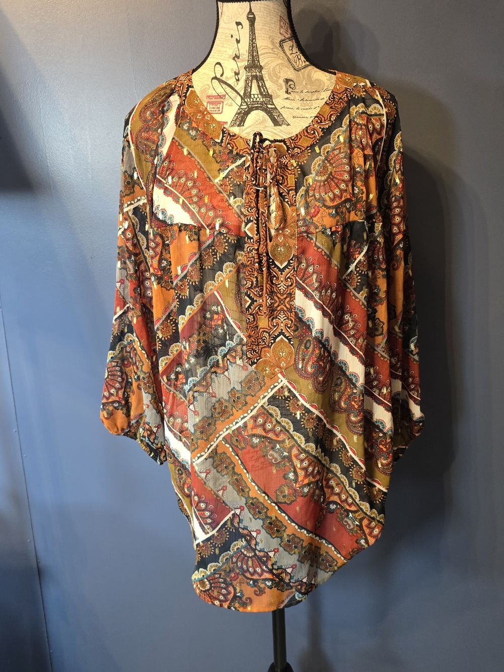 Fig and Flower Boho Paisley Peasant Top Tie Neck Lace Back Rust One Size Boho